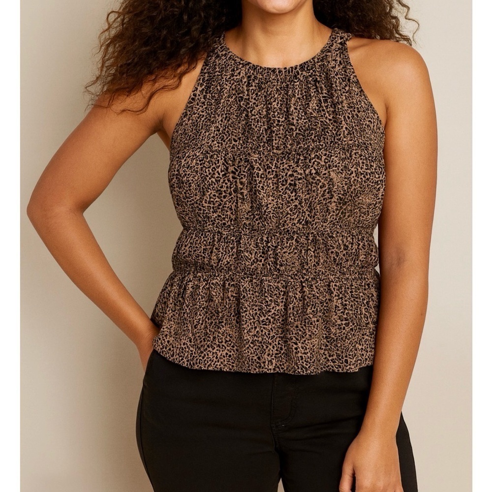 Old Navy Leopard Animal Print Sleeveless Shirred Crinkled Peplum Blouse Top 2X